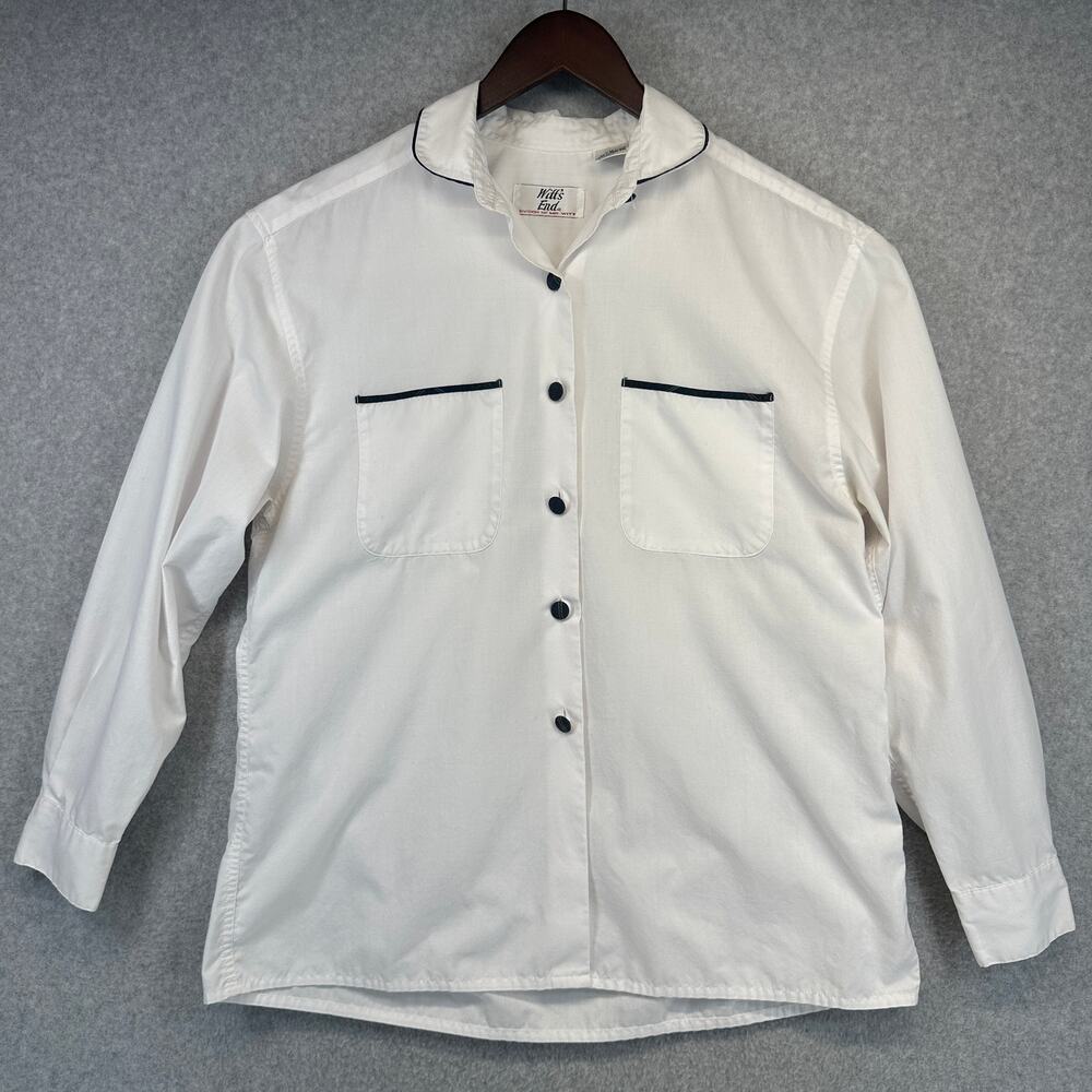 Witt’s End Shirt Women Medium White Button Up Plaid Buttons Pockets Long Sleeve